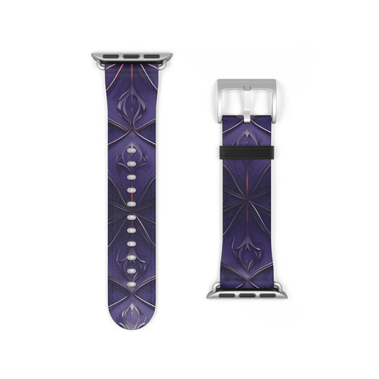 Violet Nebula Apple Watch band strap with silver clasp showing cosmic geometric pattern in deep violet and indigo tones