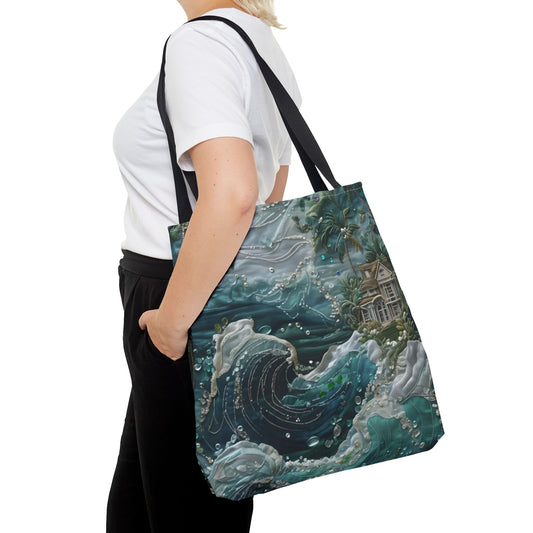 Tropical Midnight Wave Tote Bag (16x16 & 18x18)- Dreamy Ocean Swell with Island Castle, Reusable & Eco-Friendly Canvas
