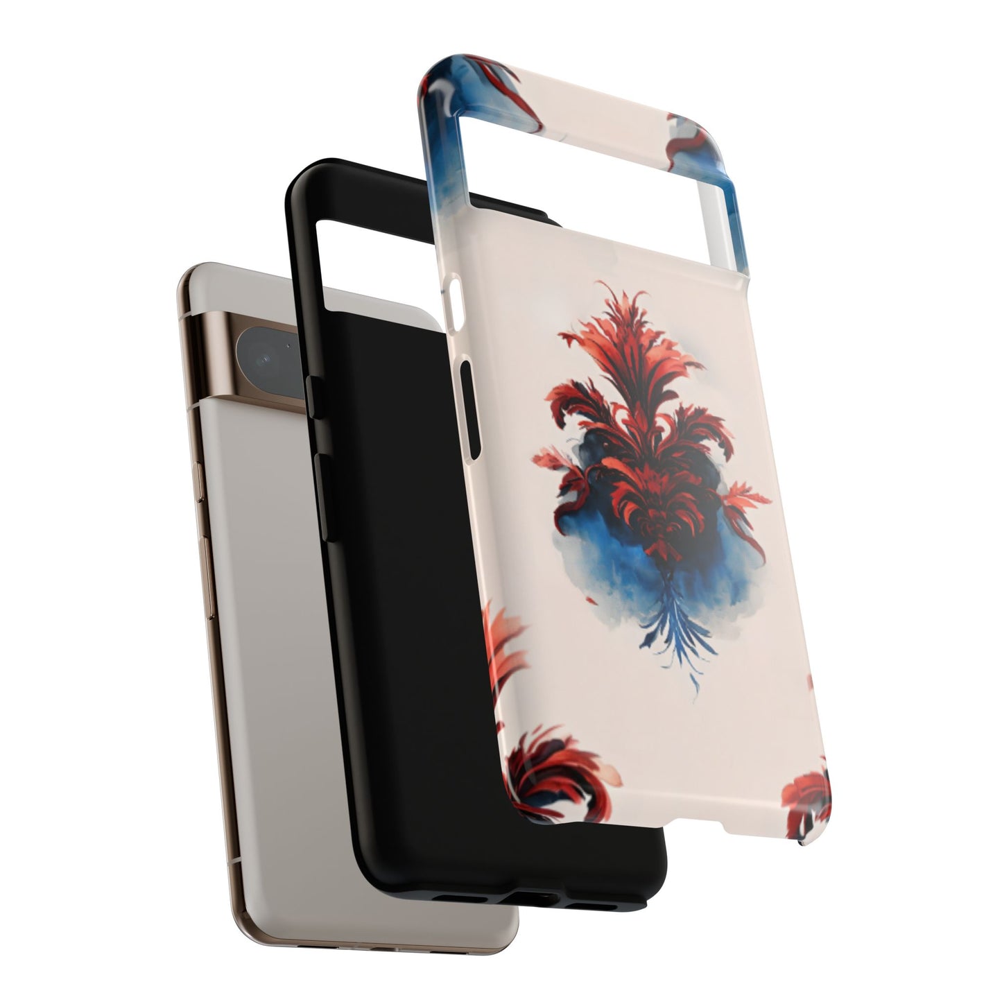 Crimson Plume shockproof dual layer Google Pixel phone case with red, white and blue feather design