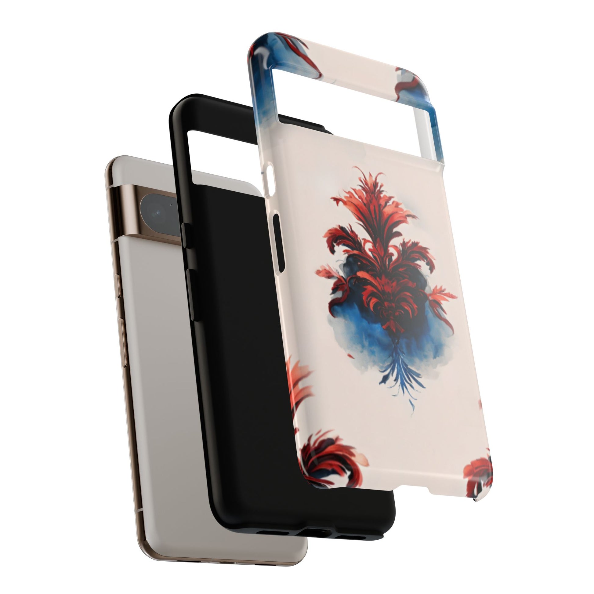 Crimson Plume shockproof dual layer Google Pixel phone case with red, white and blue feather design