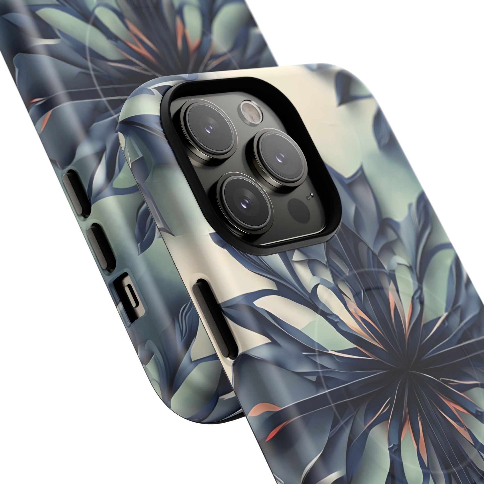 Frosted Indigo Bloom - Artistic Kaleidoscope Collection Artistic Floral - iPhone 14 Pro Max MagSafe Phone Case -Blue Symmetrical Design