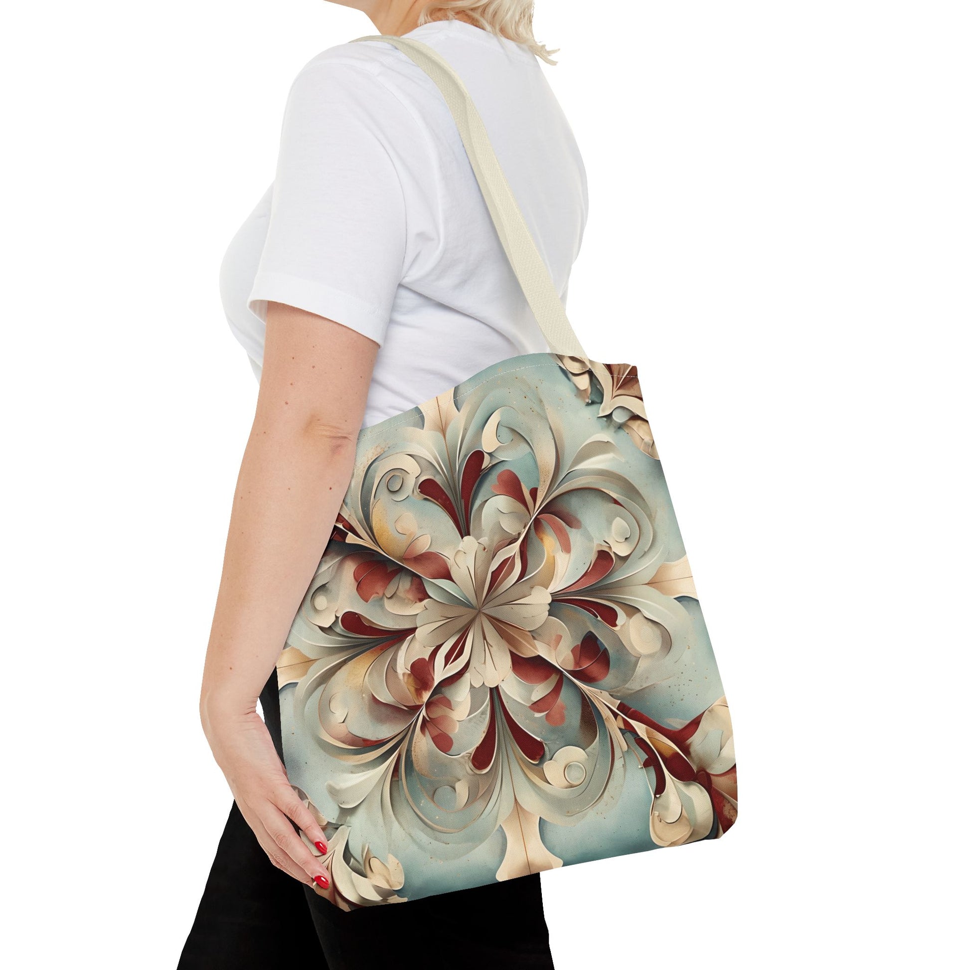 Vintage Baroque Blossom canvas tote bag worn over shoulder displaying baroque floral artwork