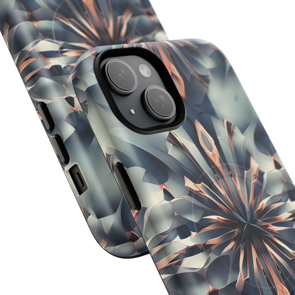 Obsidian Kaleidoscope Artistic Floral Burst - iPhone 15 Plus MagSafe Phone Case -Blue, Peach and Silver Symmetrical Design