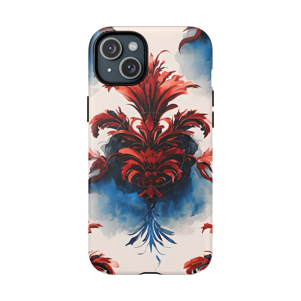 Crimson Plume - Bold Artistic Feather iPhone 15 Plus MagSafe Phone Case - Dramatic Red & Blue Design