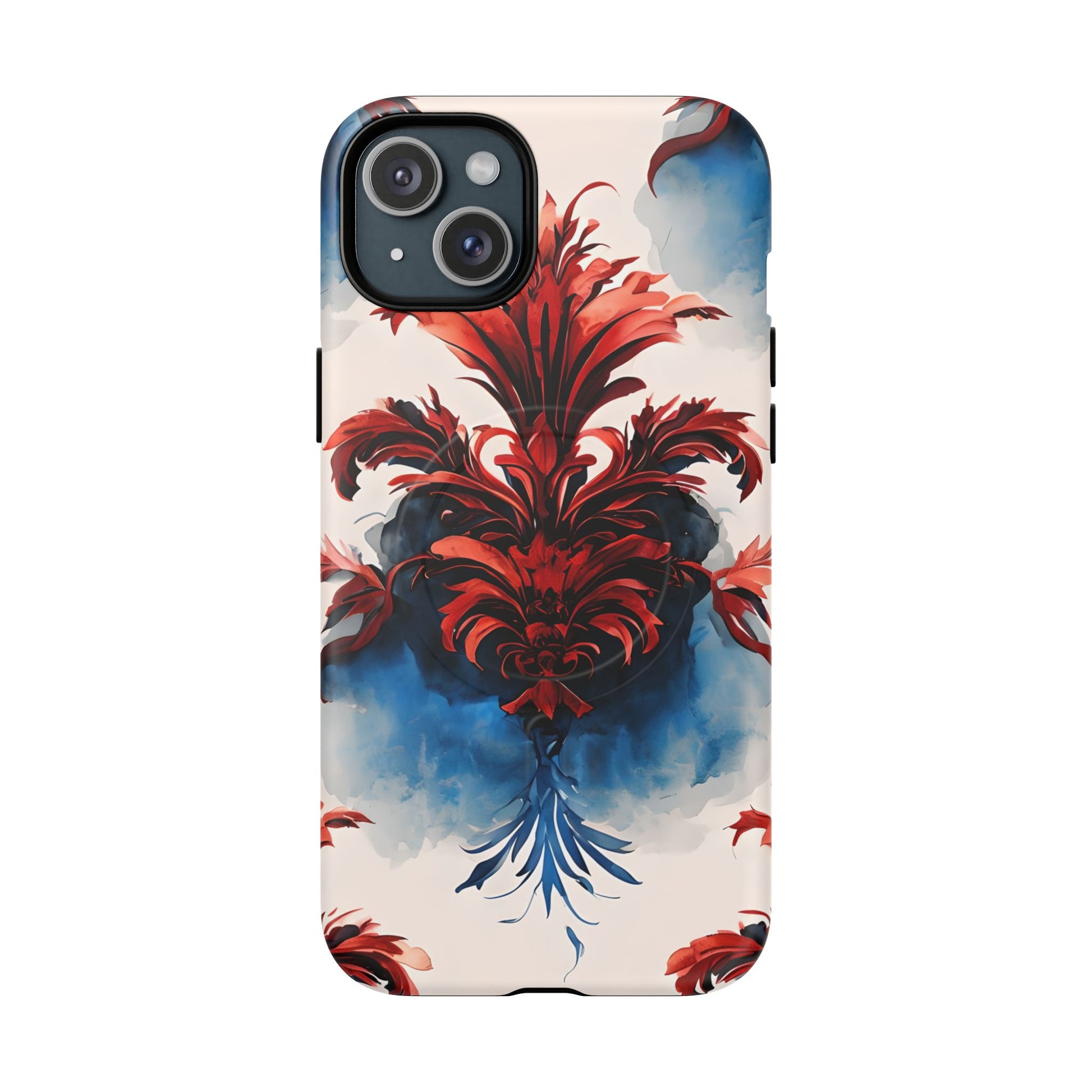 Crimson Plume - Bold Artistic Feather iPhone 15 Plus MagSafe Phone Case - Dramatic Red & Blue Design