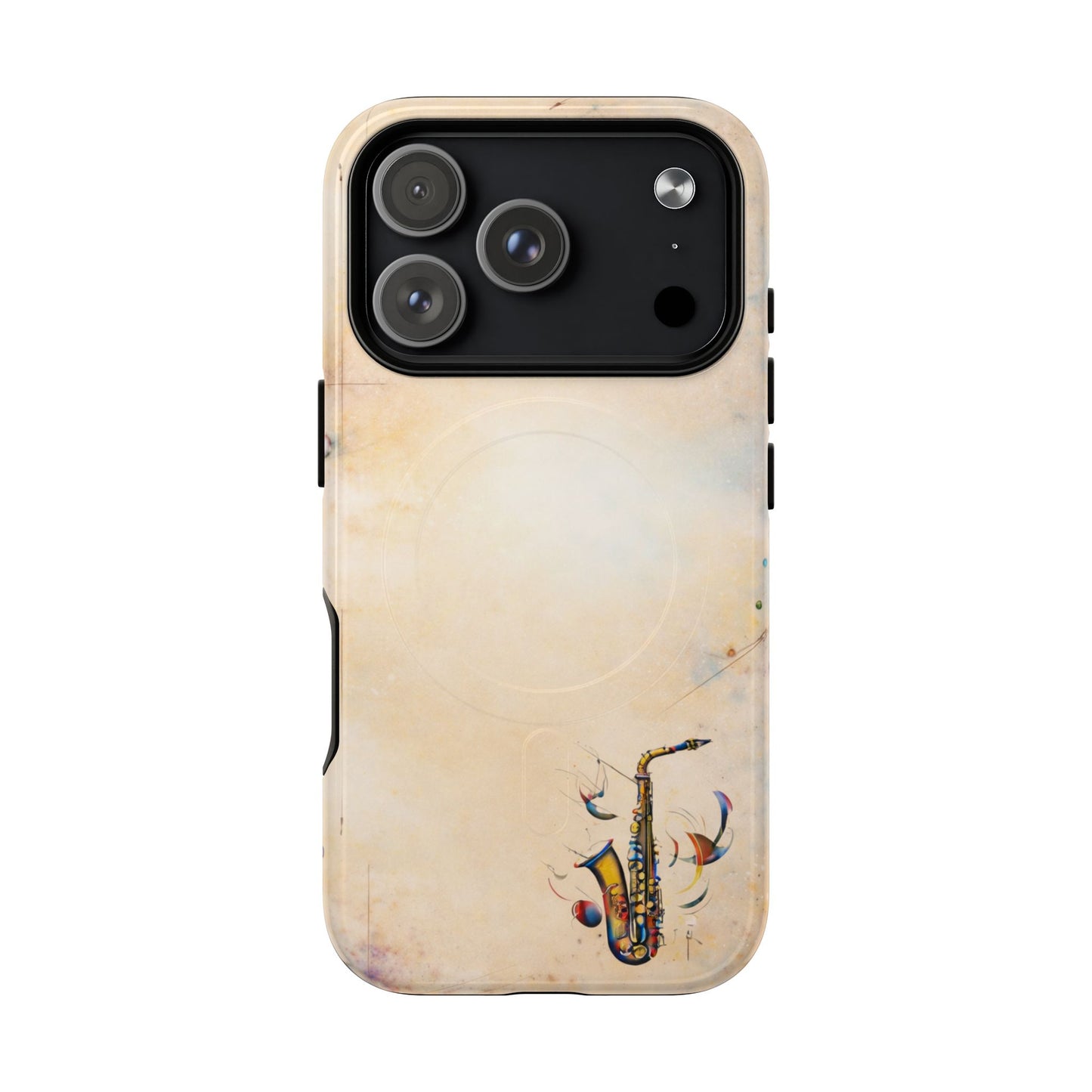 Brass Rhapsody saxophone watercolor illustration iPhone MagSafe case camera cutout detail