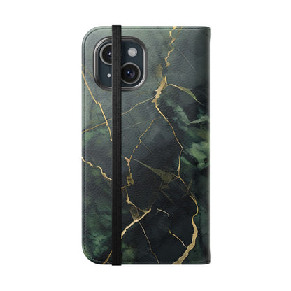 Verdant Vein green marble pattern iPhone wallet flip phone case closed