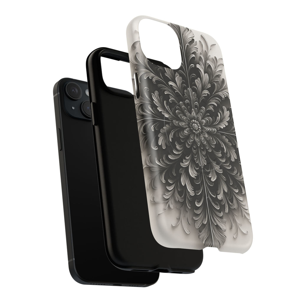 Obsidian Bloom - Elegant Black & White iPhone 15 Plus MagSafe Phone Case - Intricate Mandala Flower Design