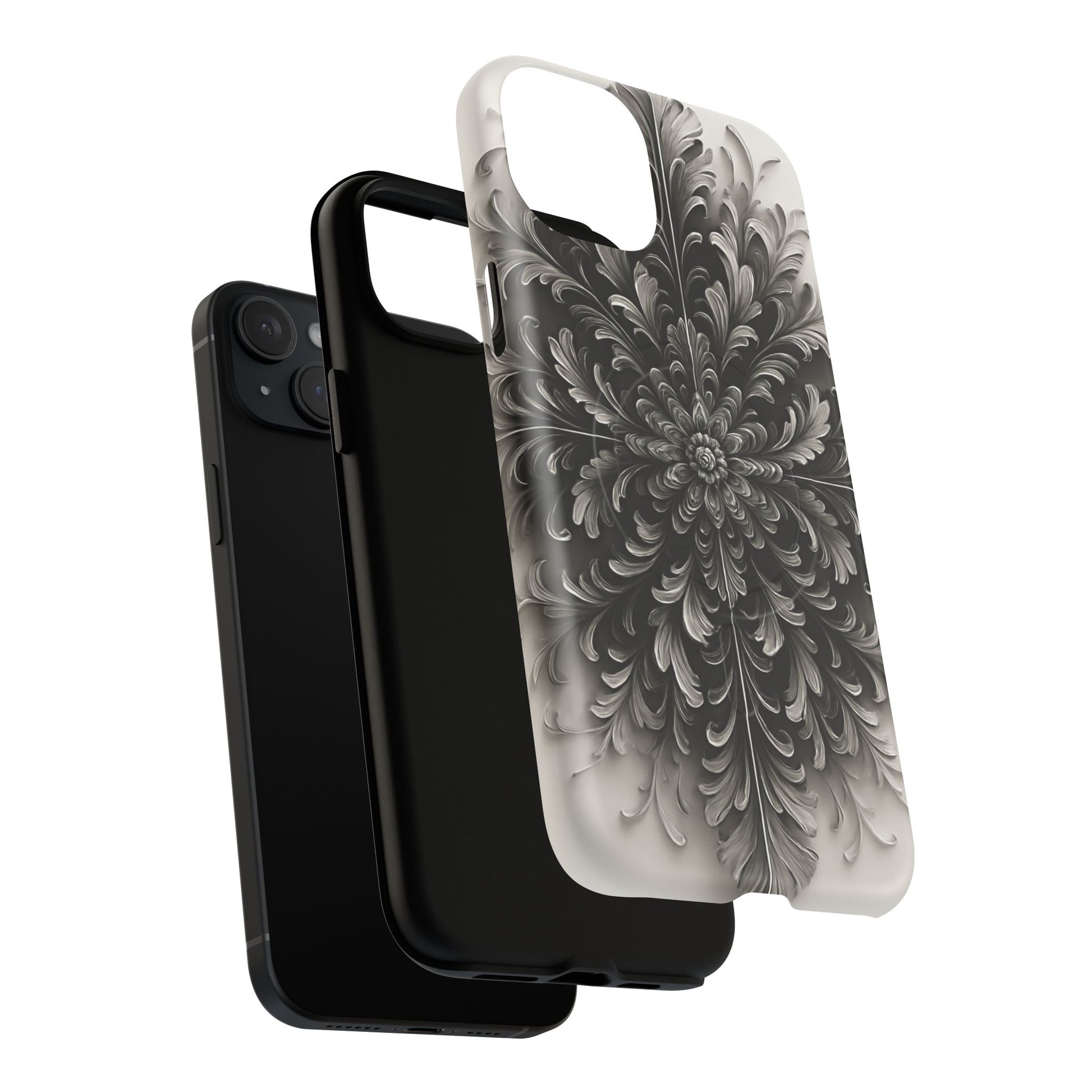Obsidian Bloom - Elegant Black & White iPhone 15 Plus MagSafe Phone Case - Intricate Mandala Flower Design