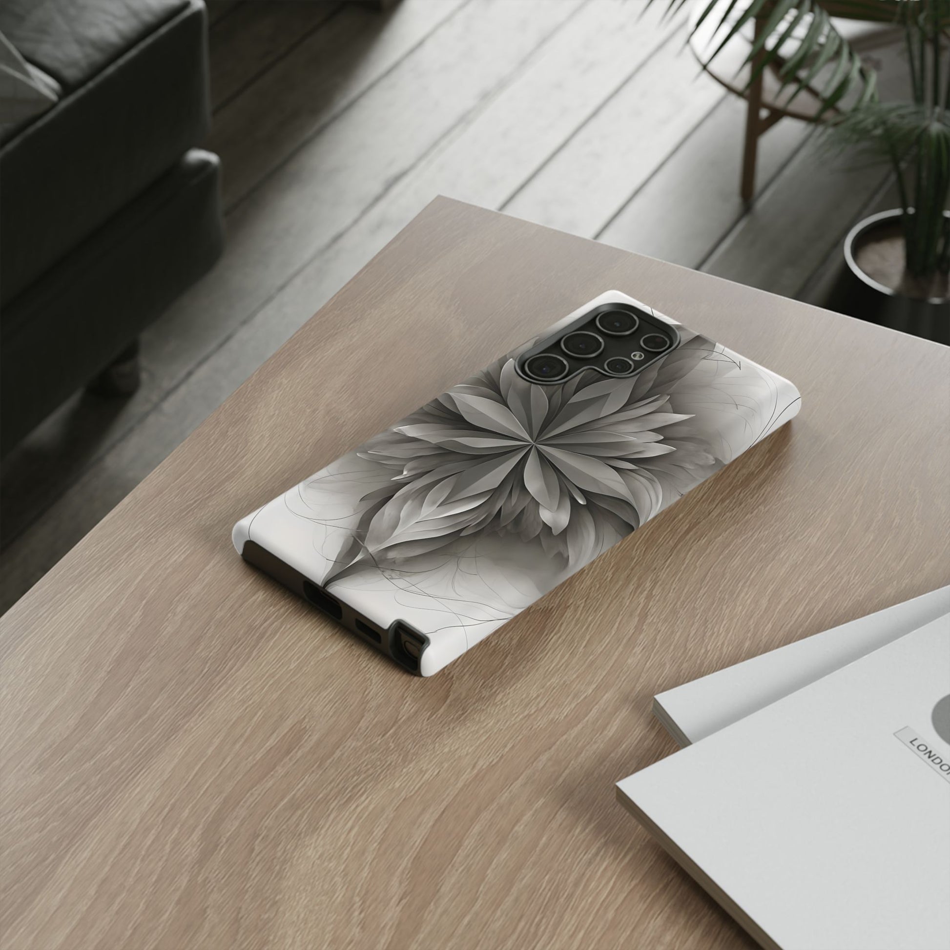 Silver Lotus - Elegant Monochrome Floral Samsung Galaxy S22 Ultra Tough Phone Case - Modern Lotus Design