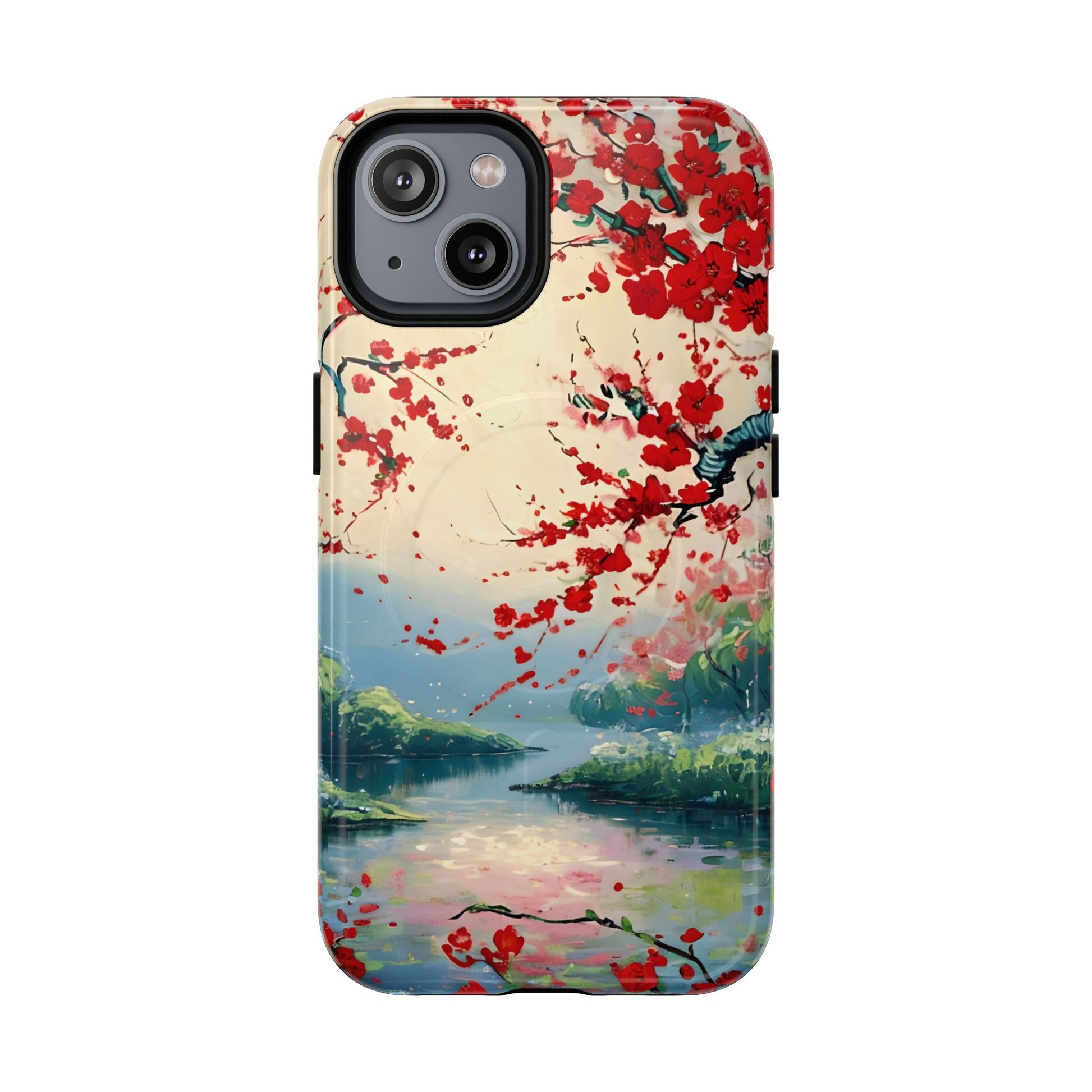 Crimson Blossom Lake - Artistic Floral Landscape iPhone 14 MagSafe Phone Case - Red Cherry Blossoms & Serene Lake Design