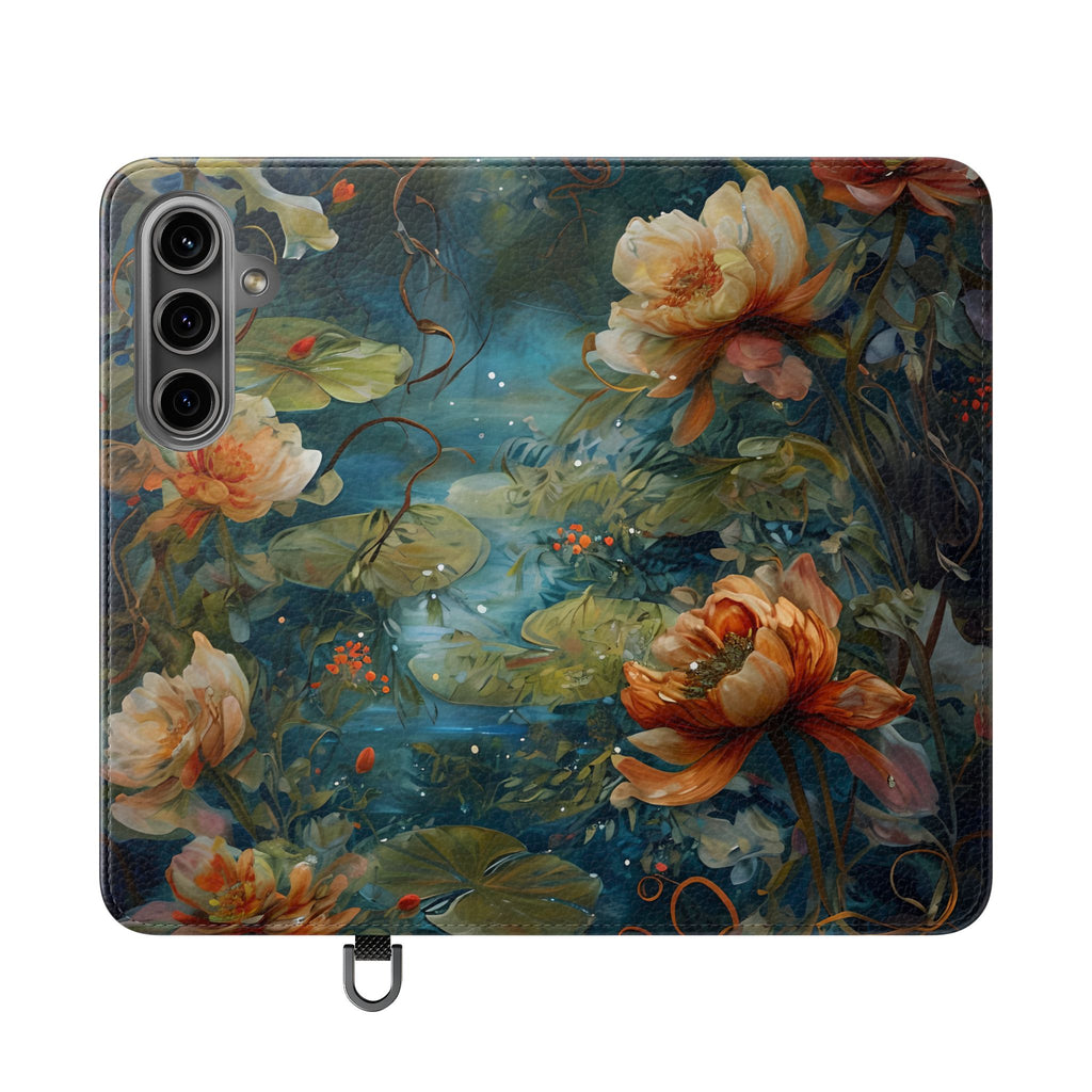 Waterlily Nocturne Samsung Galaxy S24 Wallet Case - Elegant Floral Flip Cover, Vintage Botanical Phone Folio