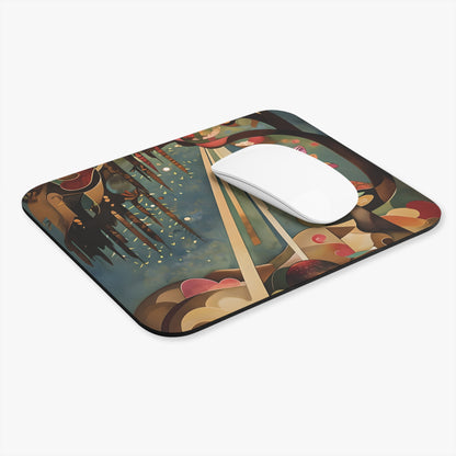 Enchanted Orchard mouse pad in workspace with mouse showing colorful orchard design