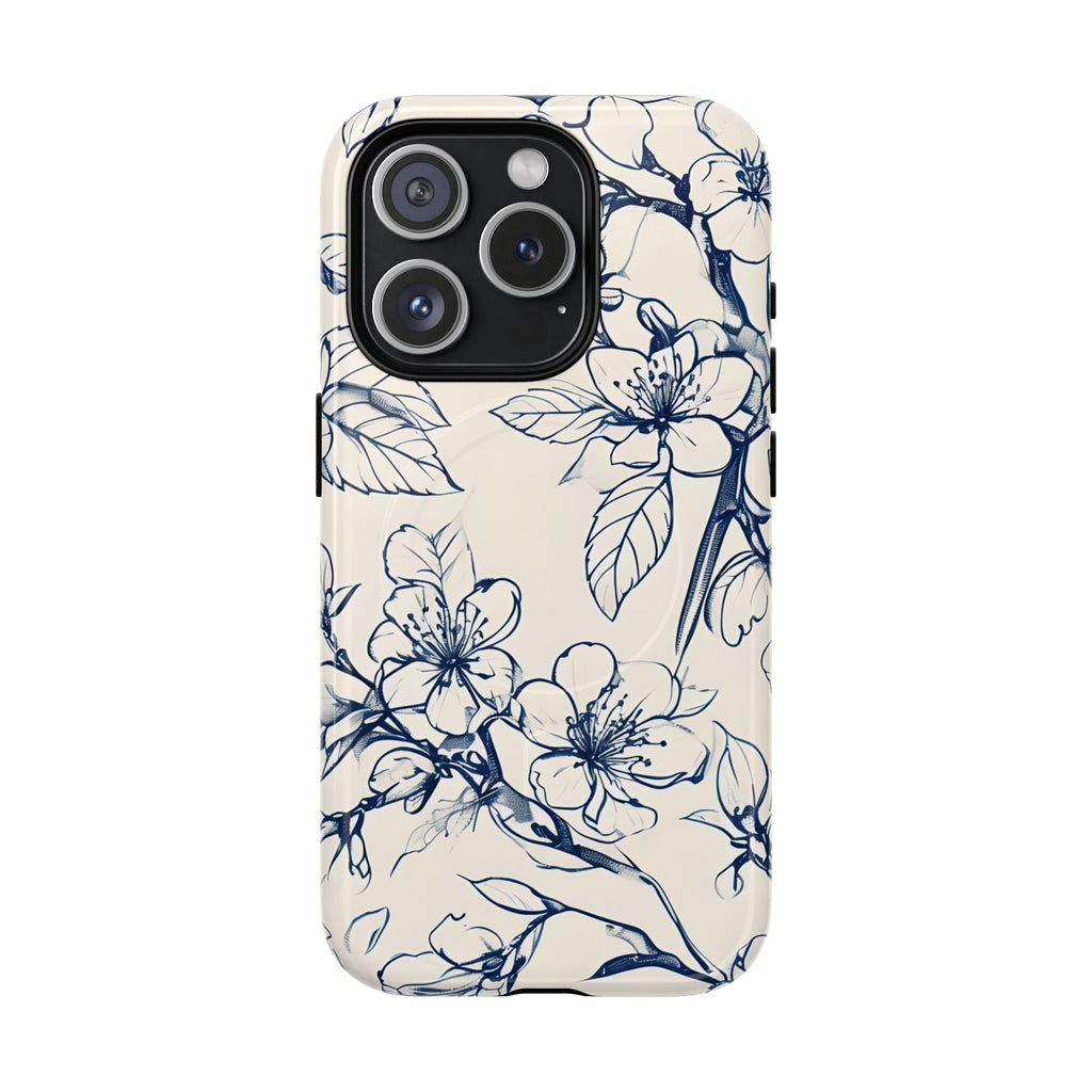 Blossom Sketch - Artistic Blue Floral - iPhone 15 Pro MagSafe Phone Case - Hand-Drawn Botanical Design