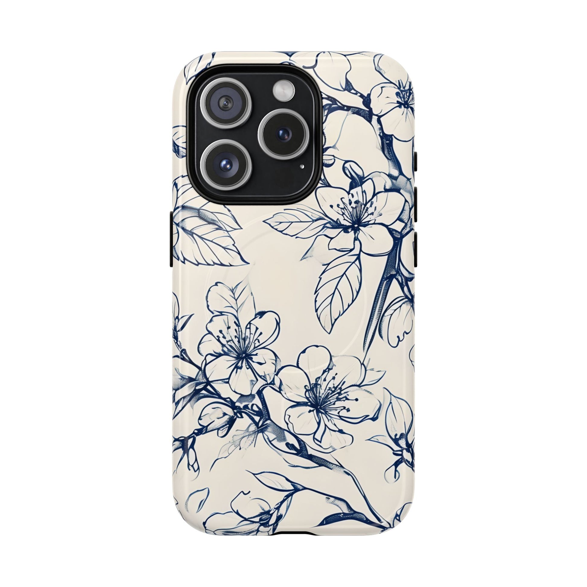 Blossom Sketch - Artistic Blue Floral - iPhone 15 Pro MagSafe Phone Case - Hand-Drawn Botanical Design