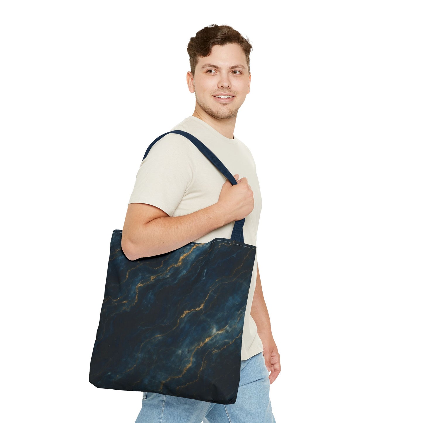 Midnight Marble Tote Bag (16x16 & 18x18)- Deep Navy Stone Design with Gold Veining, Reusable Eco-Friendly Canvas