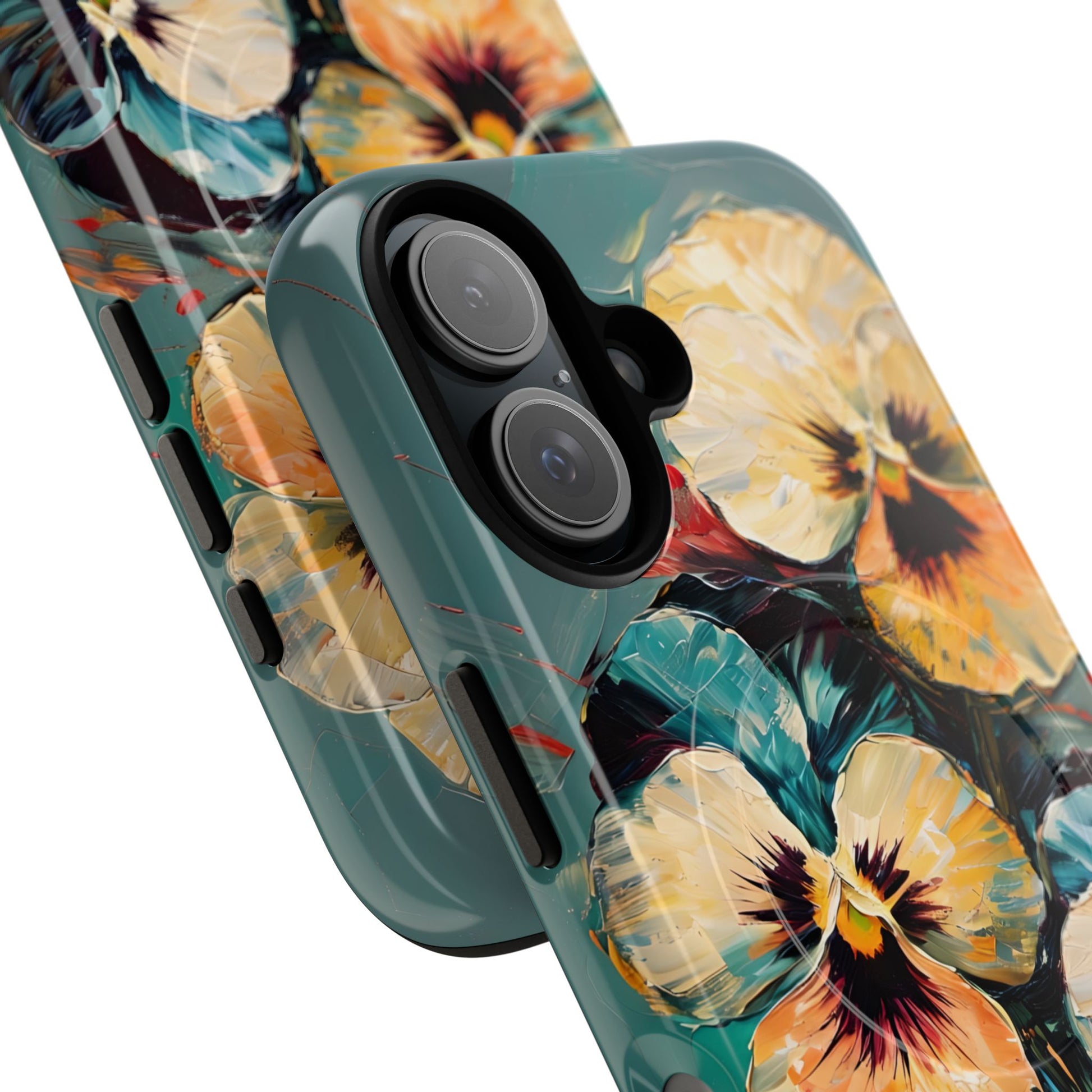 Golden Pansy Cascade - Elegant Floral iPhone 16 MagSafe Case with Deep Teal Background