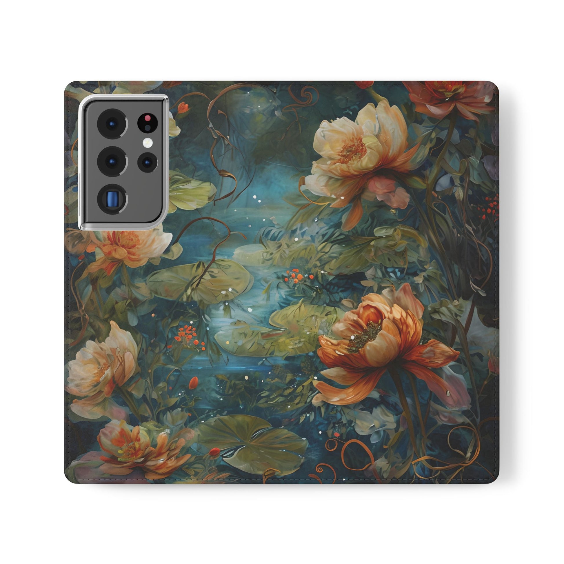Waterlily Nocturne Samsung Galaxy S21 Ultra Wallet Case - Elegant Floral Flip Cover, Vintage Botanical Phone Folio