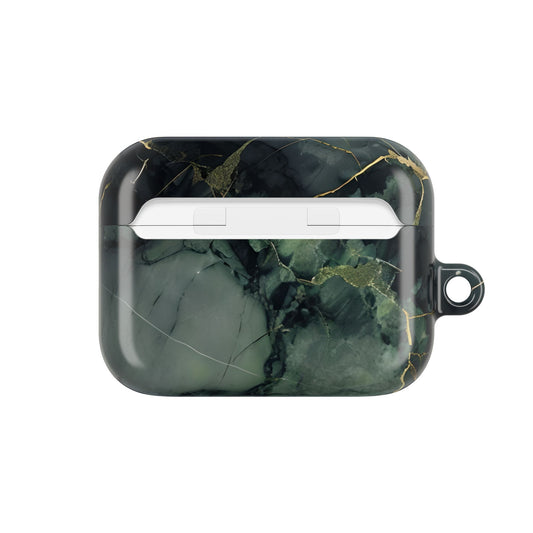 Verdant Vein AirPods case back view showing dark green marble pattern with gold veins
