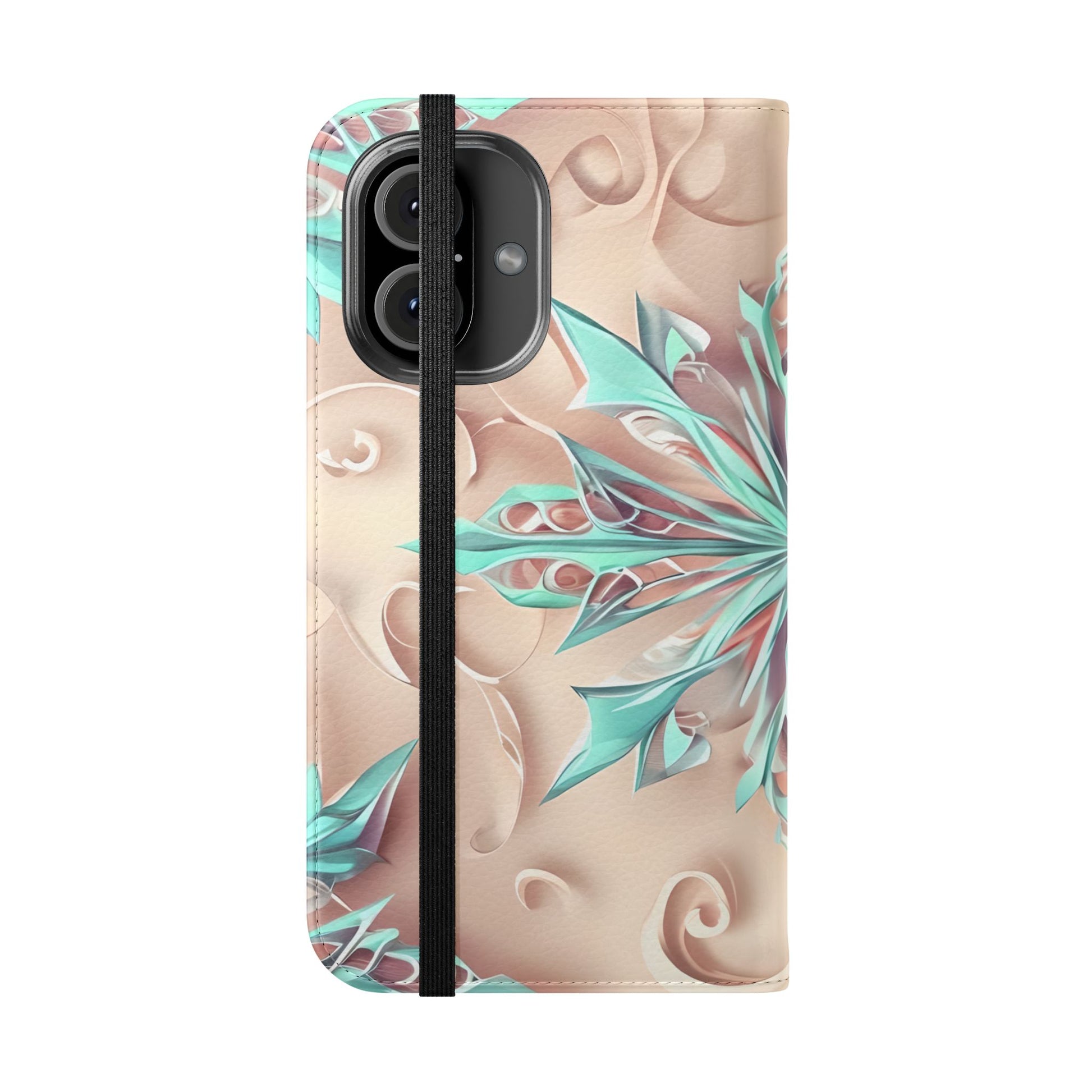 Frosted Petals iPhone 16 Wallet Case - Soft Floral Kaleidoscope Design in Blush & Aqua