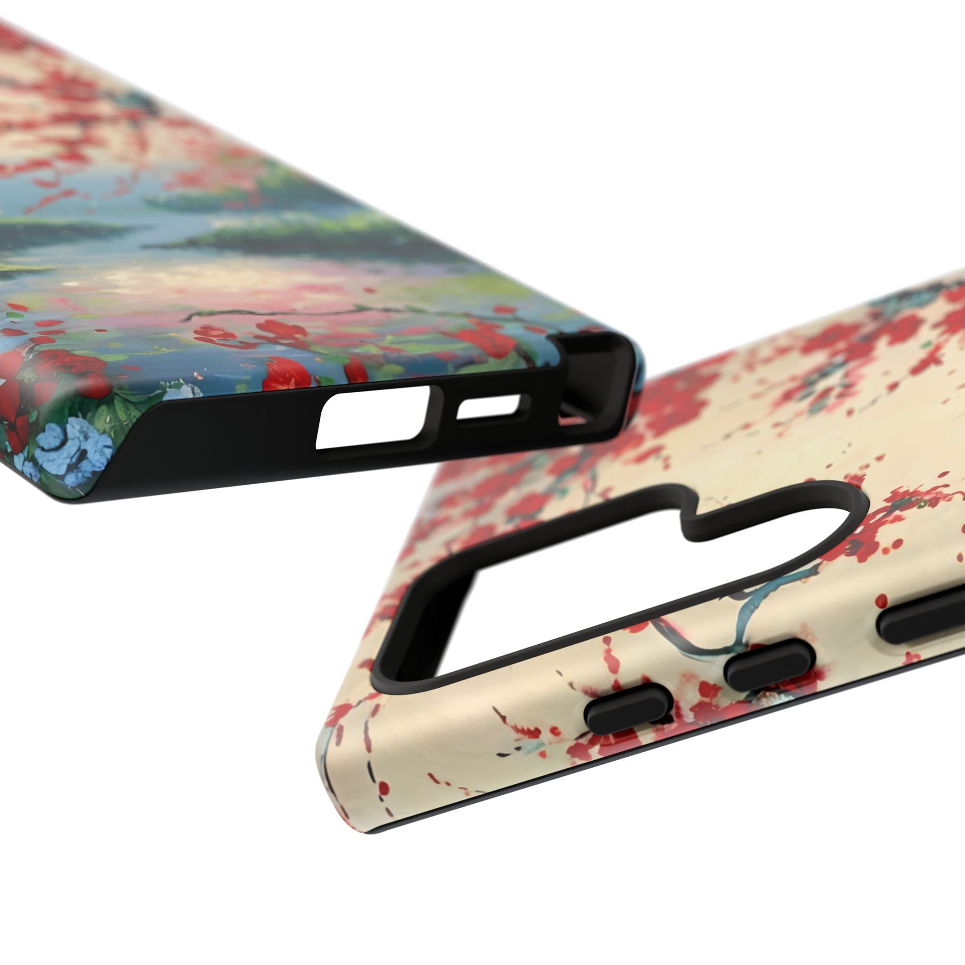 Crimson Blossom Lake - Artistic Floral Landscape Samsung Galaxy S24 Ultra Tough Phone Case - Red Cherry Blossoms & Serene Lake Design