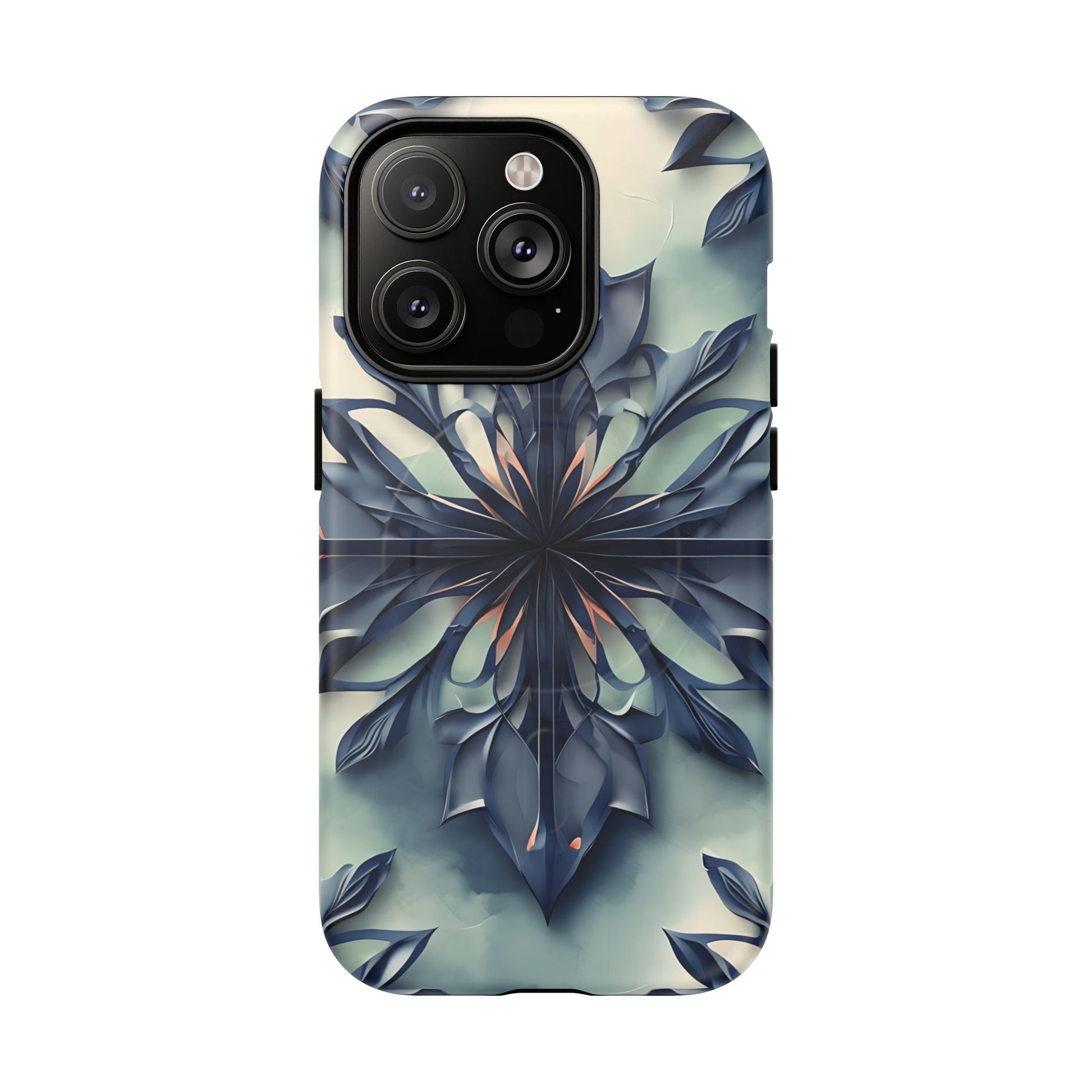 Frosted Indigo Bloom - Artistic Kaleidoscope Collection Artistic Floral - iPhone 14 Pro MagSafe Phone Case -Blue Symmetrical Design