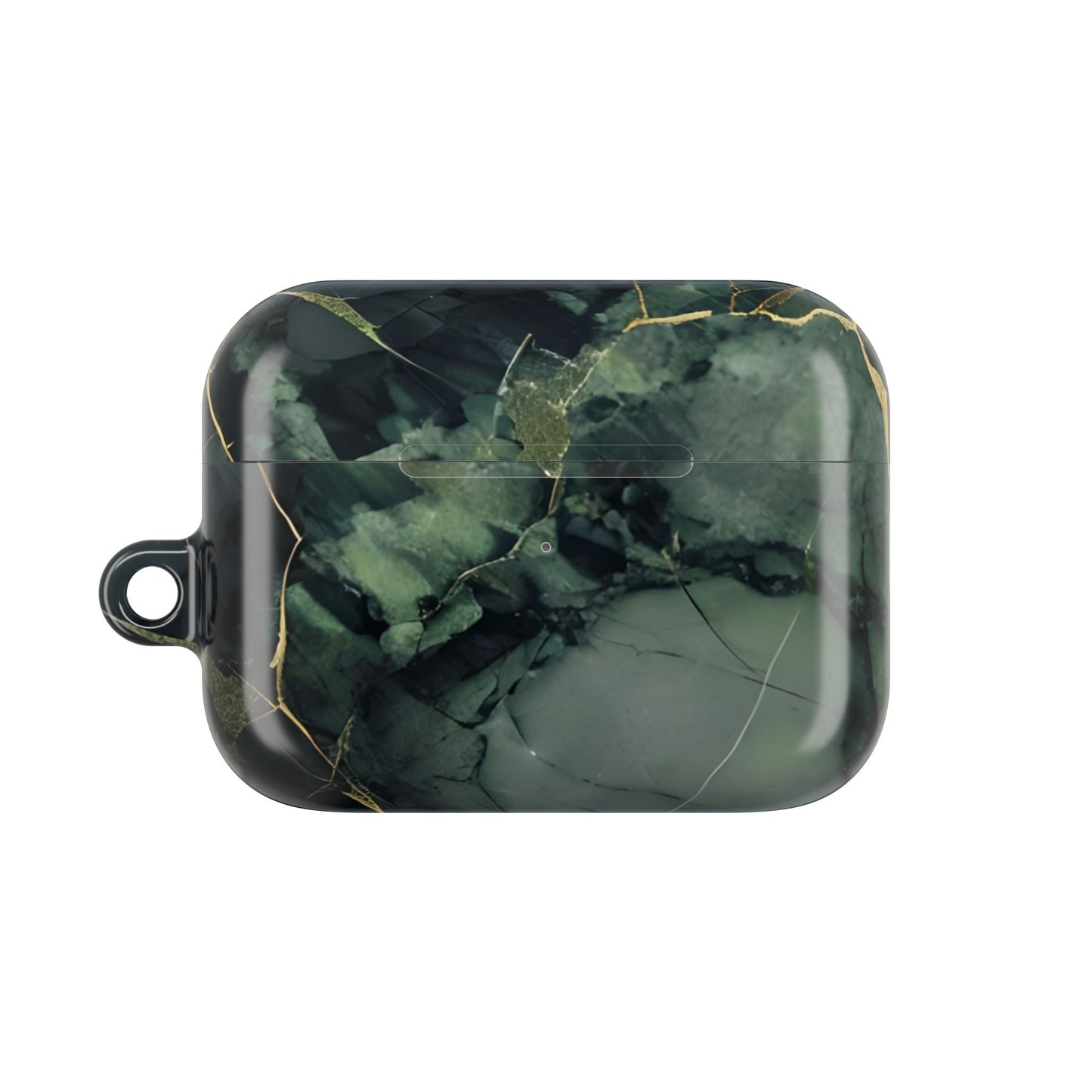 Verdant Vein AirPods case featuring deep green marble artwork with elegant gold veining