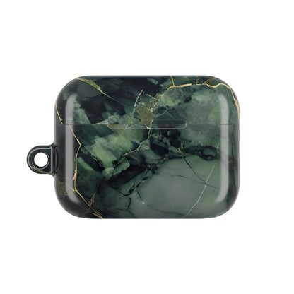 Verdant Vein AirPods case featuring deep green marble artwork with elegant gold veining