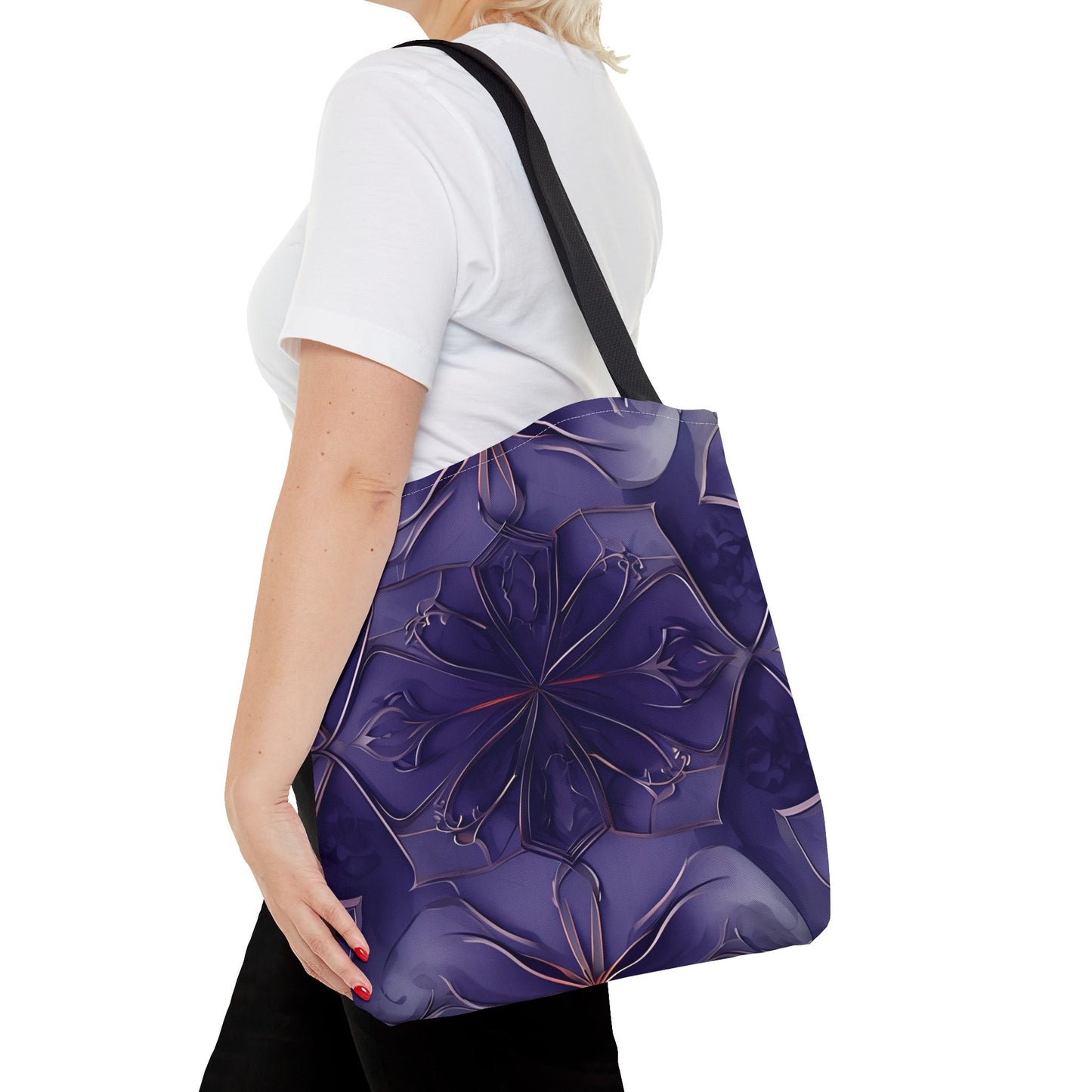 Violet Nebula canvas tote bag worn over shoulder showing vibrant purple abstract floral artwork