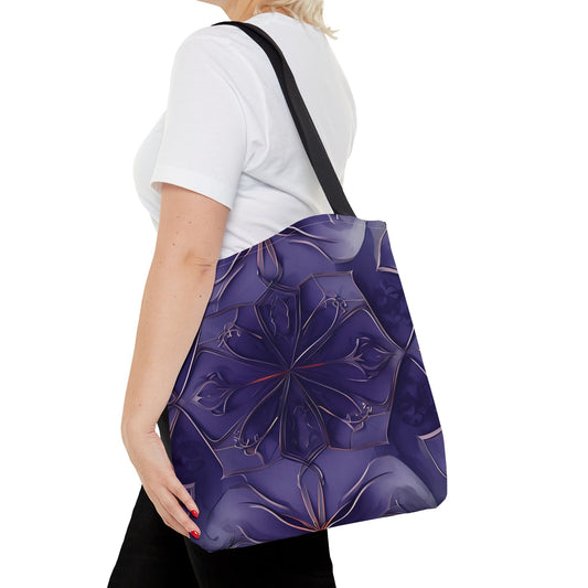 Violet Nebula canvas tote bag worn over shoulder showing vibrant purple abstract floral artwork