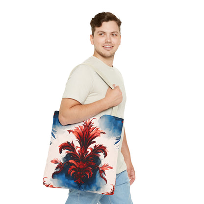 Crimson Plume Tote Bag (16x16 & 18x18)- Bold Abstract Floral in Red and Blue, Reusable & Eco-Friendly
