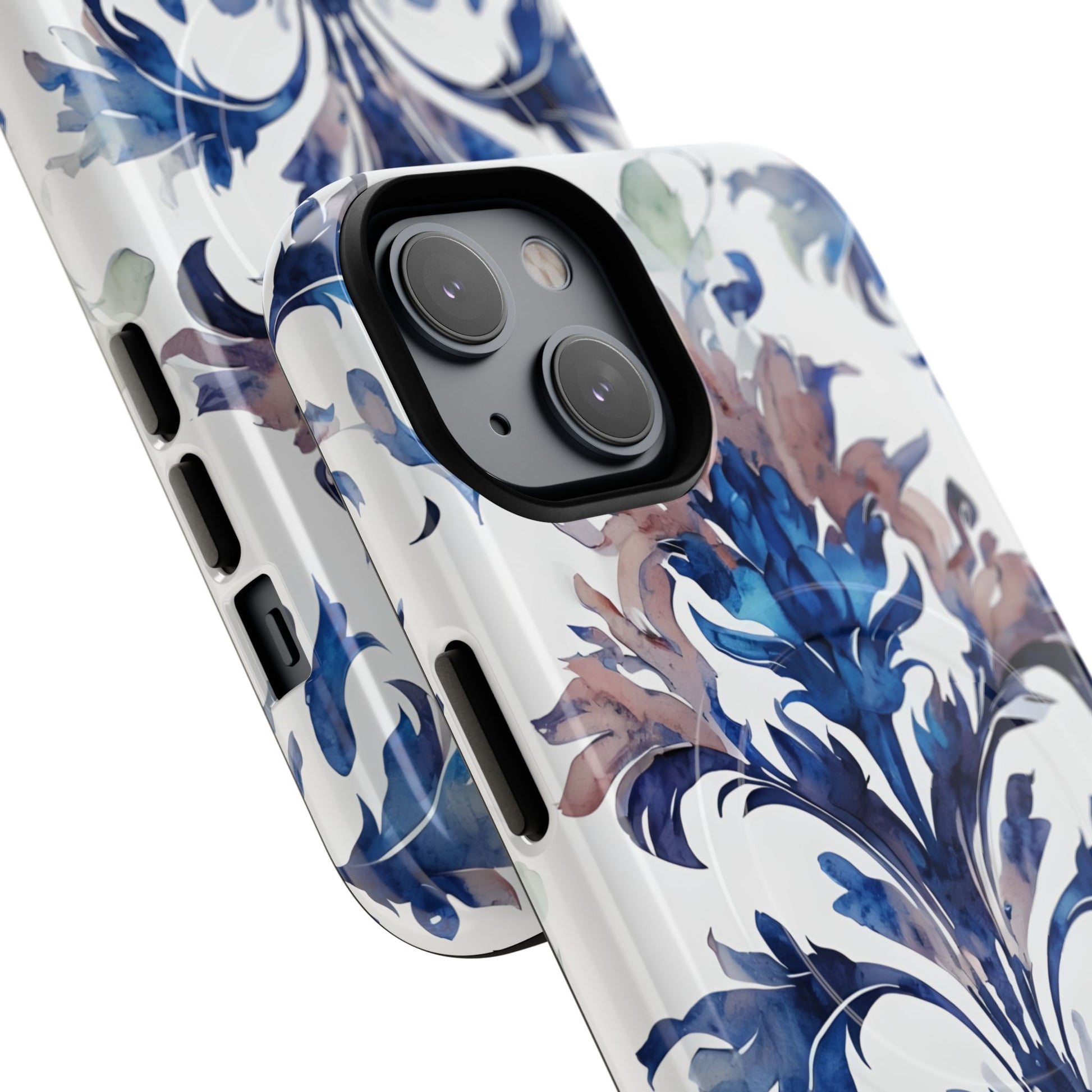Delft Reverie - Elegant Blue & White iPhone 14 MagSafe Phone Case - Dutch Delftware-Inspired Floral Design