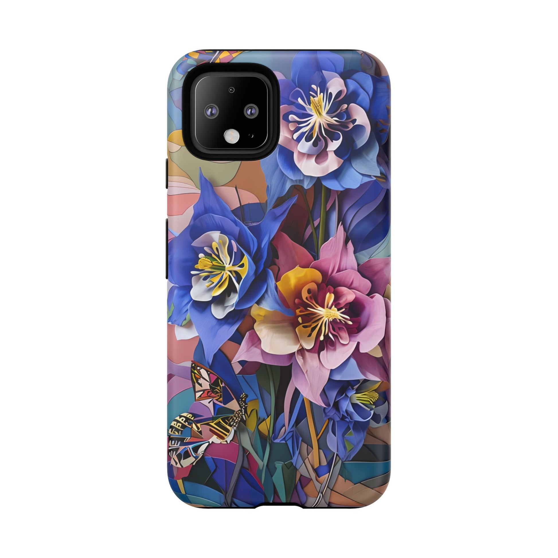 Blue Columbine Carnivale - Artistic Floral & Butterfly Google Pixel 4 Tough Phone Case - Vibrant Botanical Design