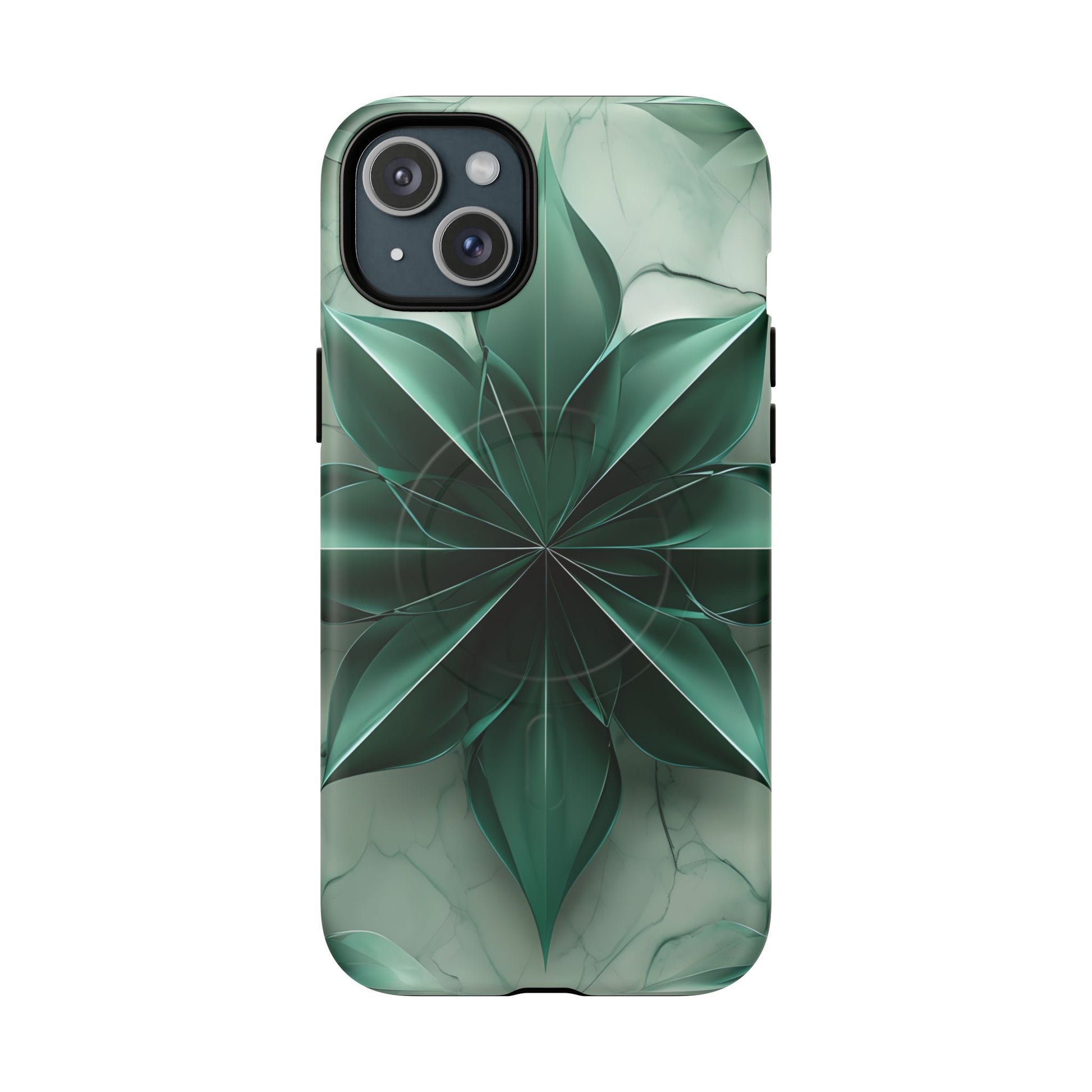 Emerald Bloom iPhone 15 Plus MagSafe Phone Case -Modern Symmetrical Floral Design, Green