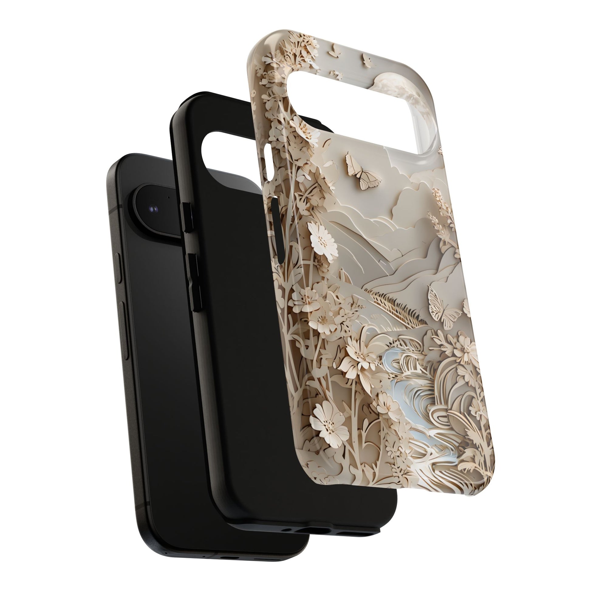Moonlit Garden - Elegant Neutral Floral Google Pixel 9 Tough Phone Case - Painterly Botanical & Moon Design