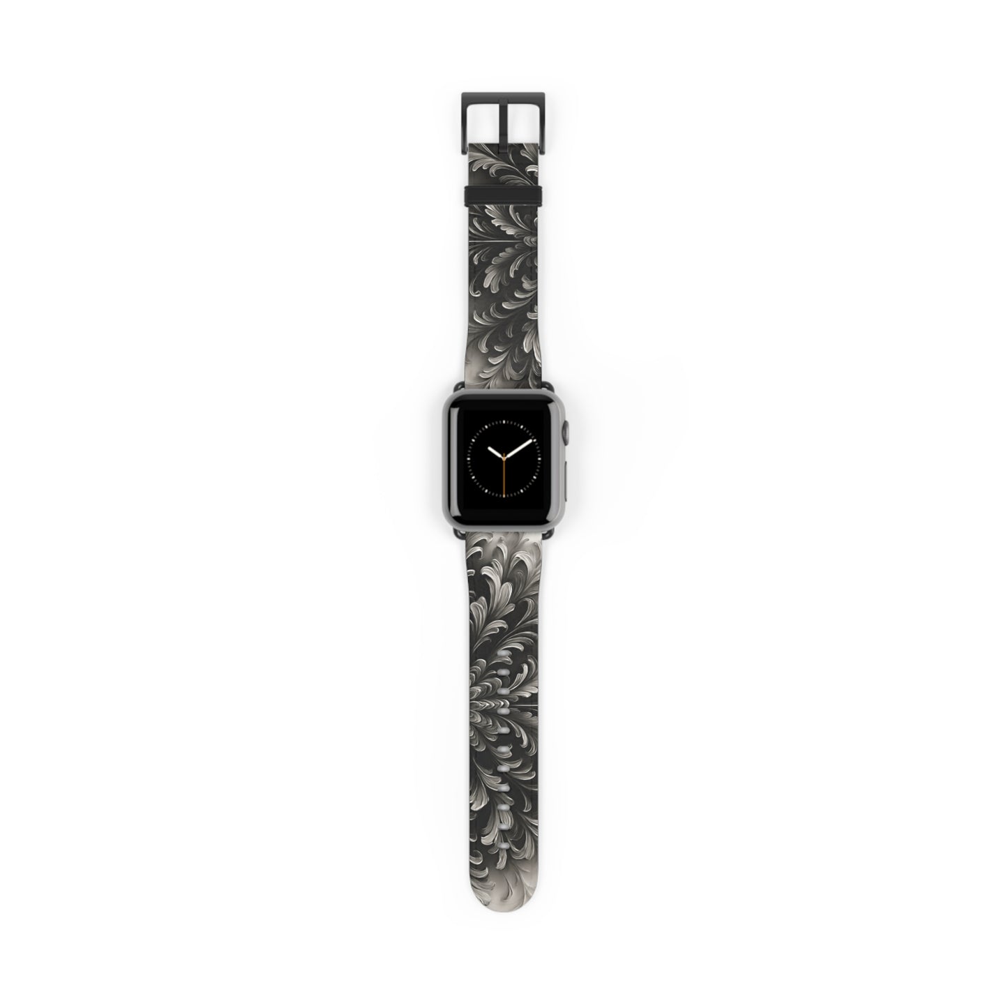Obsidian Bloom Apple Watch band featuring dark floral mandala artwork in black and silver tones with black clasp