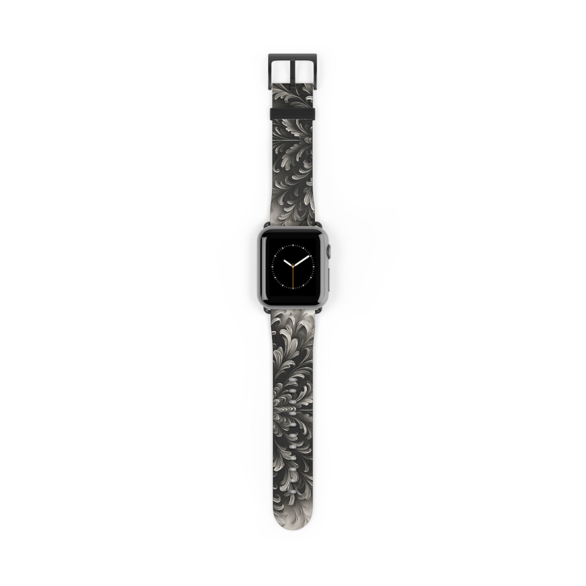 Obsidian Bloom Apple Watch band featuring dark floral mandala artwork in black and silver tones with black clasp