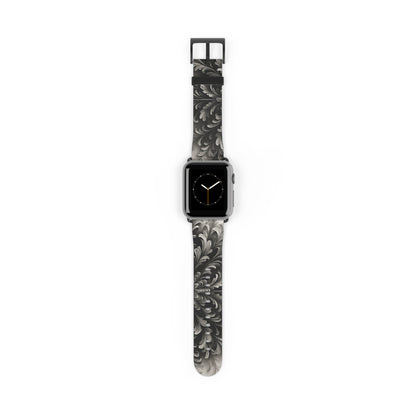 Obsidian Bloom Apple Watch band featuring dark floral mandala artwork in black and silver tones with black clasp