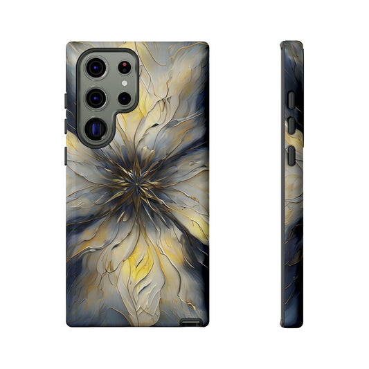 Luminous Petal gold and blue floral wraparound Samsung Galaxy phone case front and side view