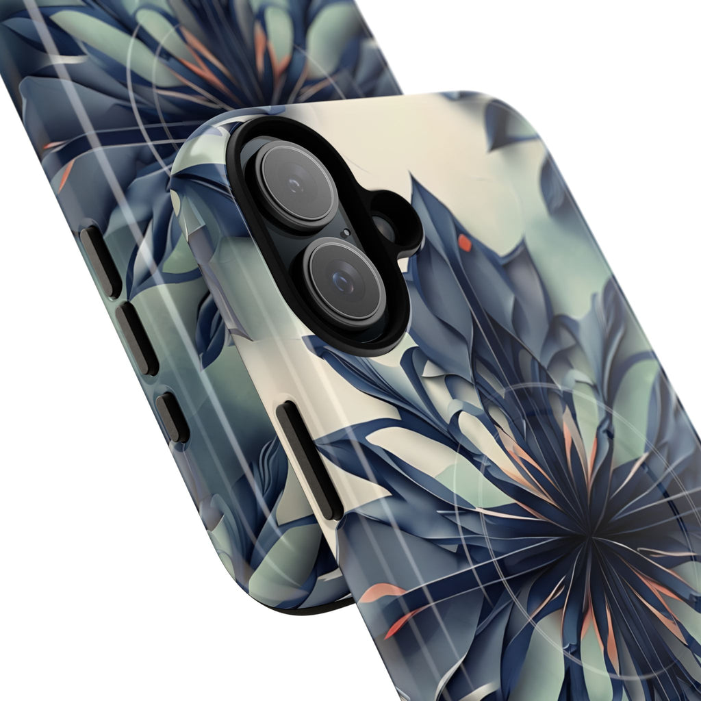 Frosted Indigo Bloom - Artistic Kaleidoscope Collection Artistic Floral - iPhone 16 Plus MagSafe Phone Case -Blue Symmetrical Design