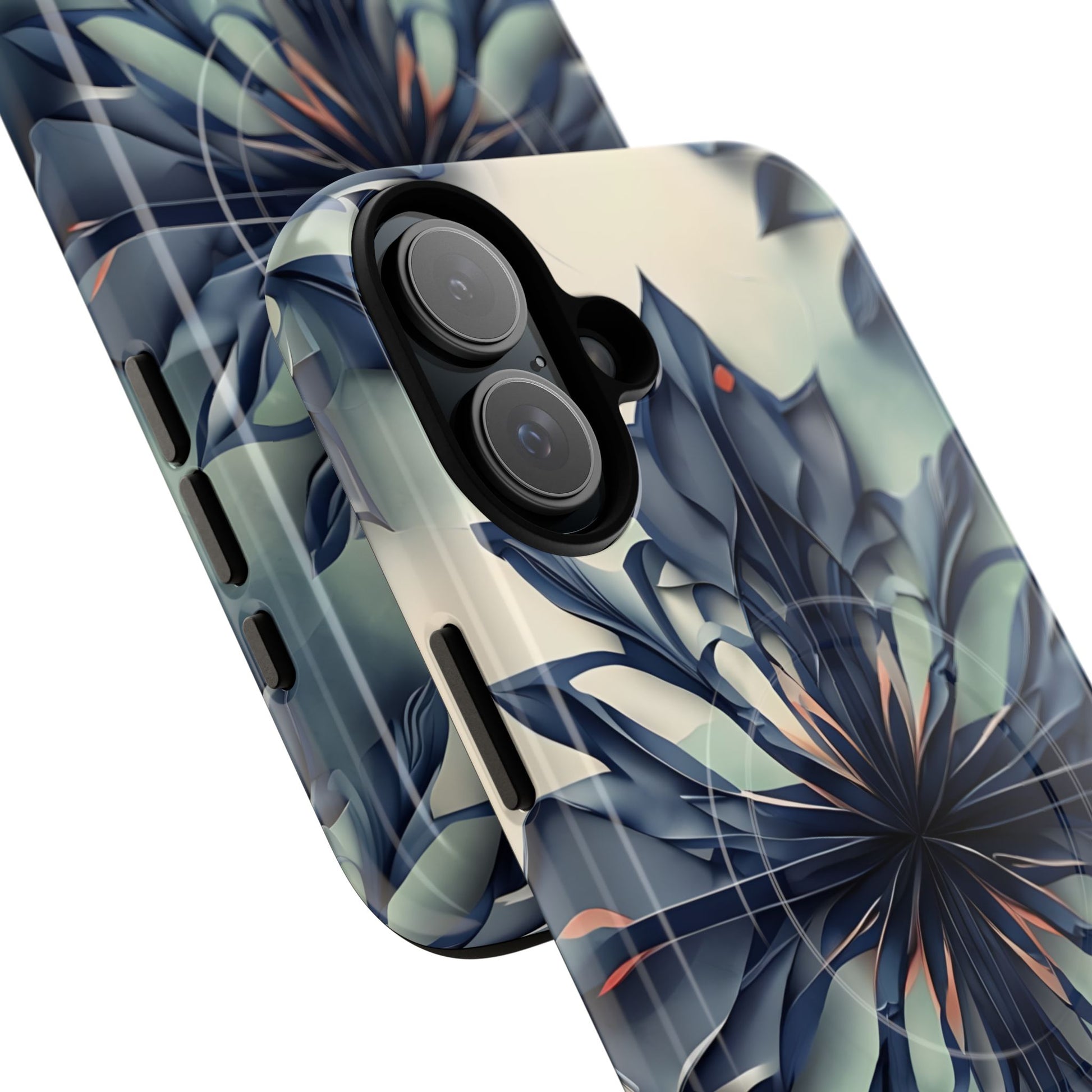 Frosted Indigo Bloom - Artistic Kaleidoscope Collection Artistic Floral - iPhone 16 Plus MagSafe Phone Case -Blue Symmetrical Design