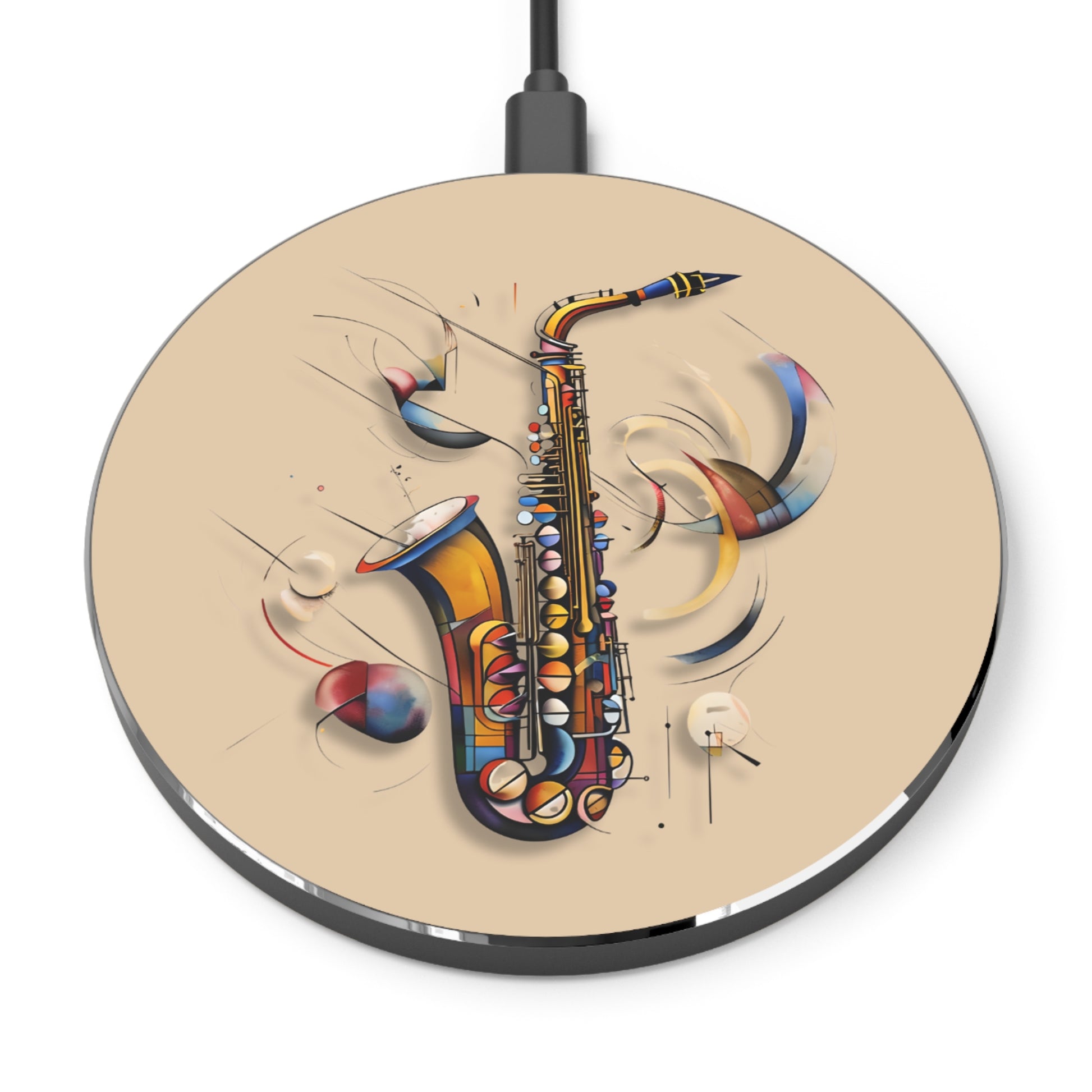Brass Rhapsody Saxophone Abstract Qi Wireless Charger - 10W Fast Charging Pad - MagSafe Compatible Phone Charger