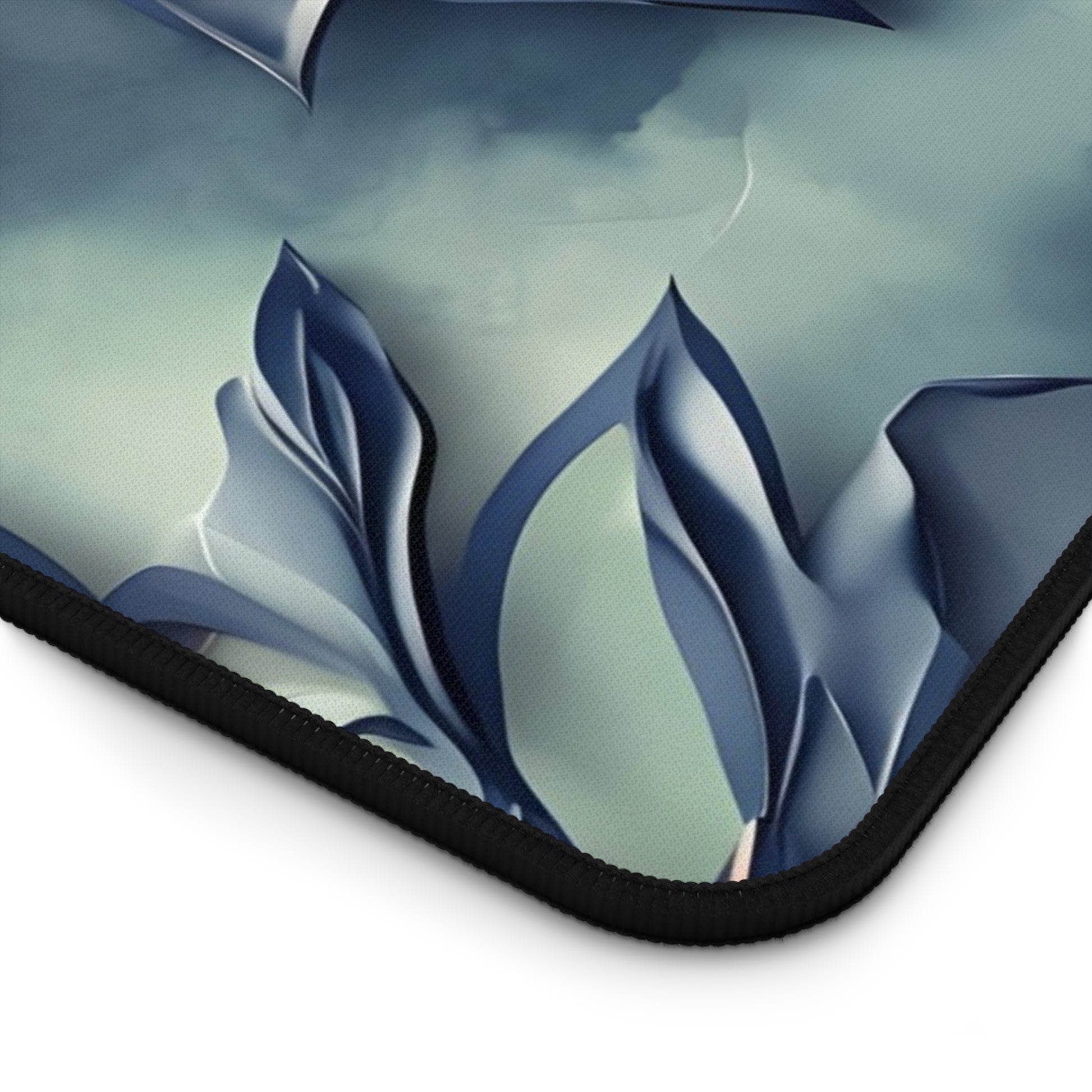 Close-up of Frosted Indigo Bloom desk mat showing detailed blue floral bloom artwork