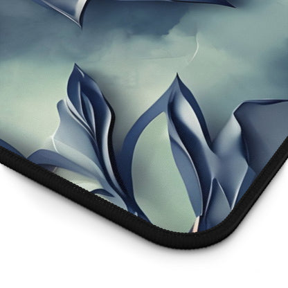Close-up of Frosted Indigo Bloom desk mat showing detailed blue floral bloom artwork