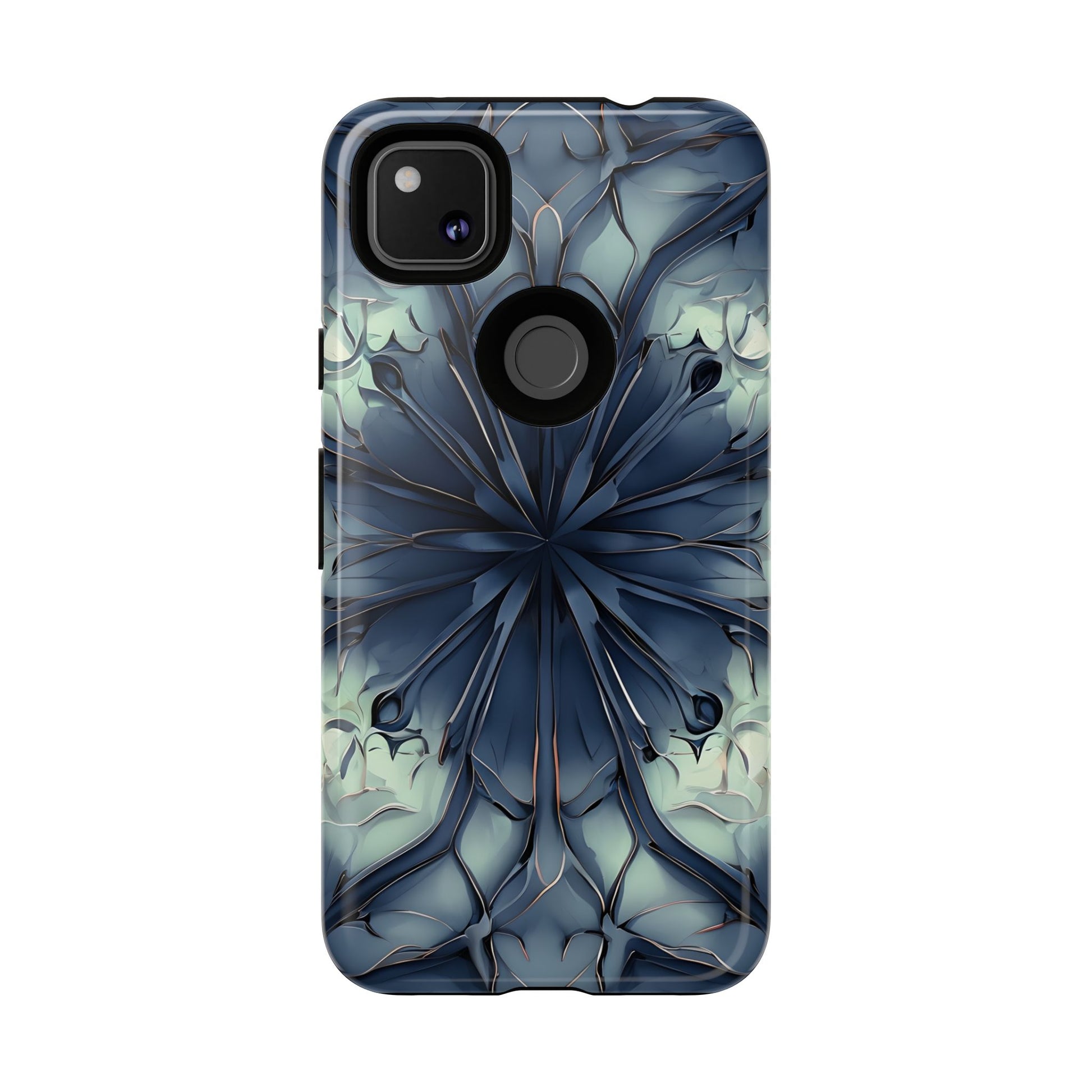 Indigo Mosaic - Artistic Kaleidoscope Collection Artistic Floral - Google Pixel 4a Tough Phone Case - Bold Blue Symmetrical Design
