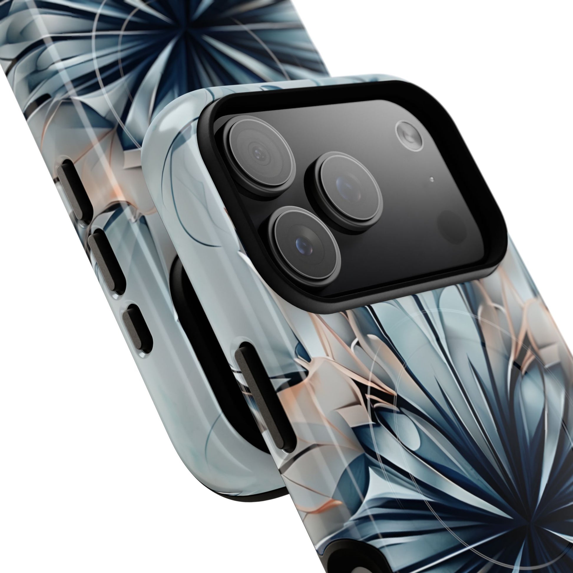 Angled view of Indigo Mirage blue floral geometric iPhone MagSafe protective case with large camera cutout