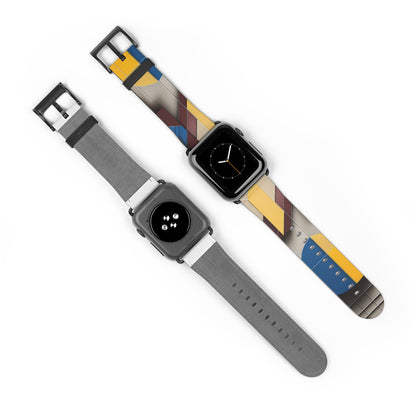 Chromatic Construct Apple Watch bands shown on two watches front and back highlighting modern geometric artwork