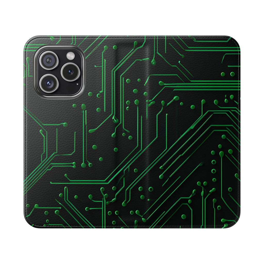 Green Circuit Grid Wallet Phone Case - Green & Black Computer Circuit Design - Flip Cover for iPhone 15 Pro