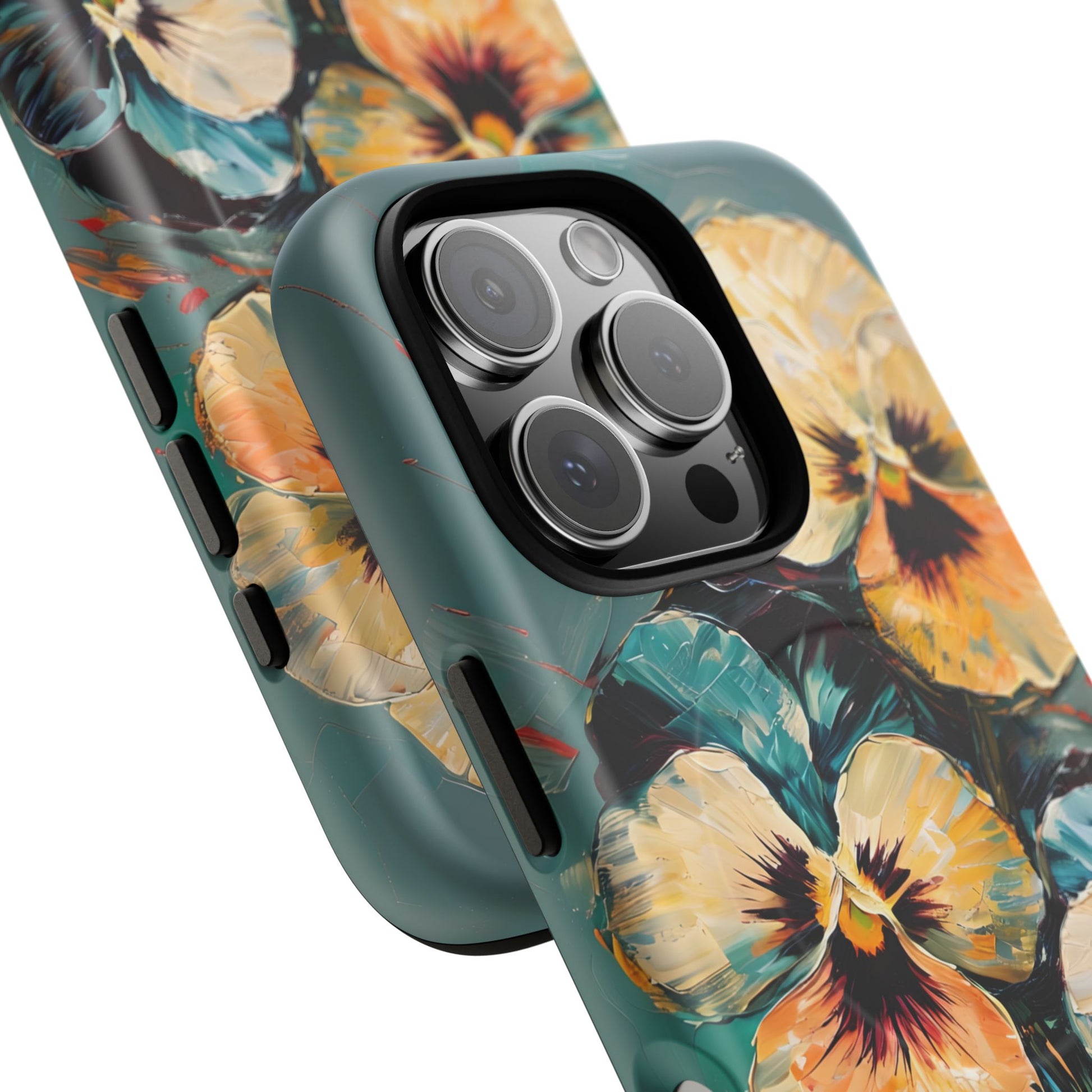 Golden Pansy Cascade - Elegant Floral iPhone 16 Pro MagSafe Case with Deep Teal Background