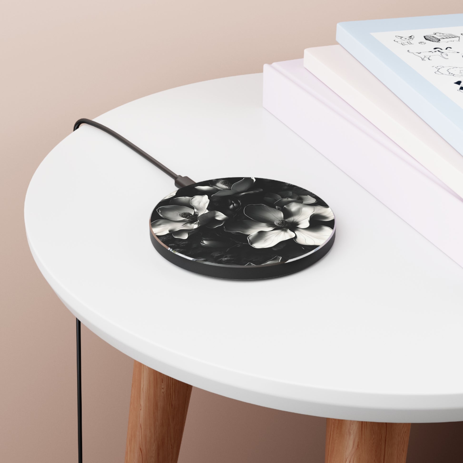Monochrome Magnolia Qi Wireless Charger - 10W Fast Charging Pad for iPhone 15/16 - MagSafe Compatible Vintage Design